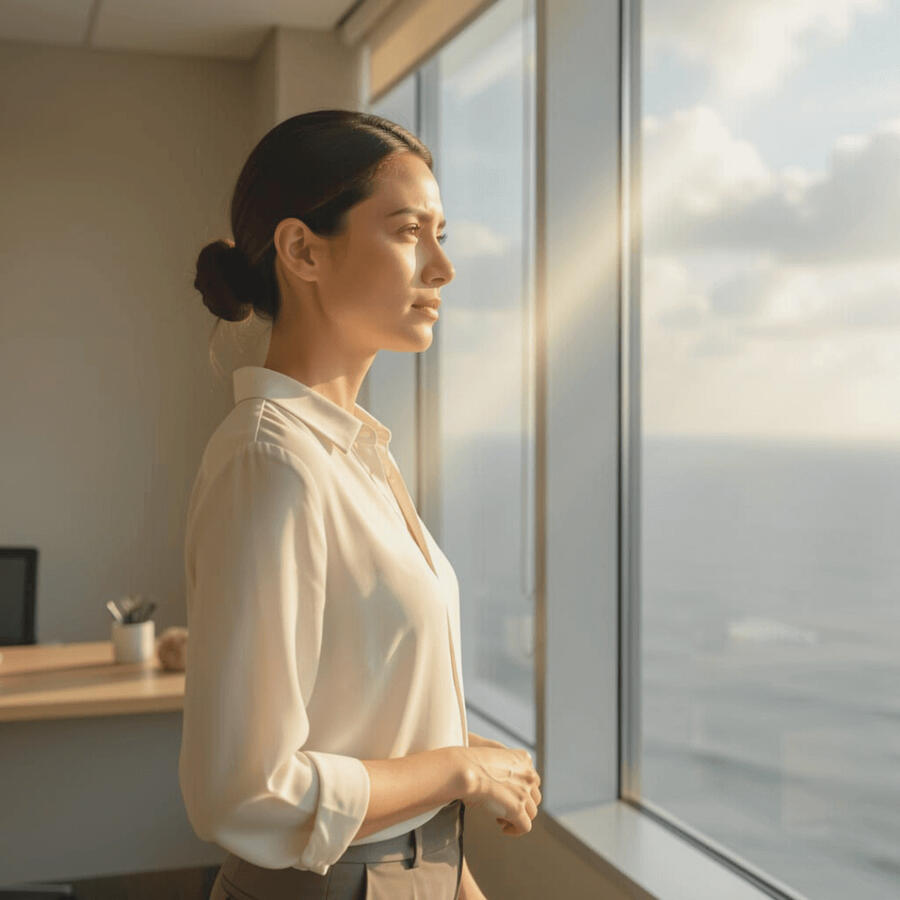 Professional woman in casual business attire standing by a window, looking out at the ocean in soft natural light.