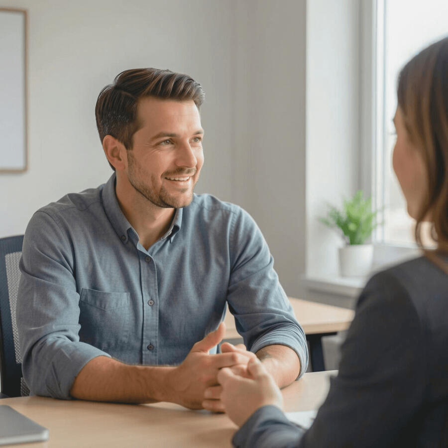 Three professionals seated across from each other in conversation in a modern office setting.
