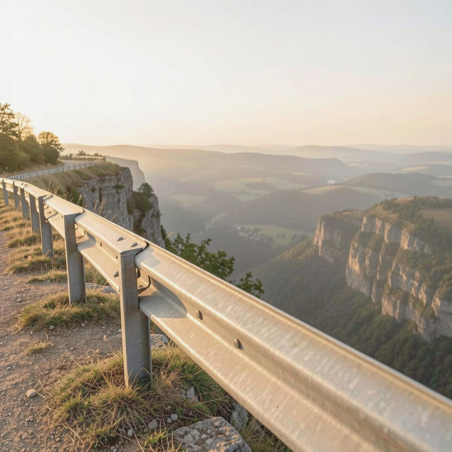 Steel guardrail at the edge of a scenic overlook with mountains and valley in the distance.