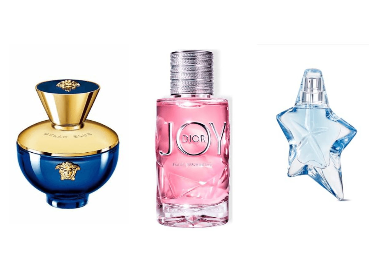Versace Dylan Blue, Dior Joy and Mugler Angel perfume bottles side by side